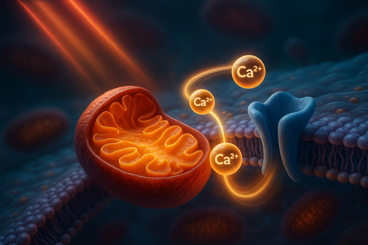 Illustration of a cell with calcium ions (Ca2+) and a vesicle on a dark background