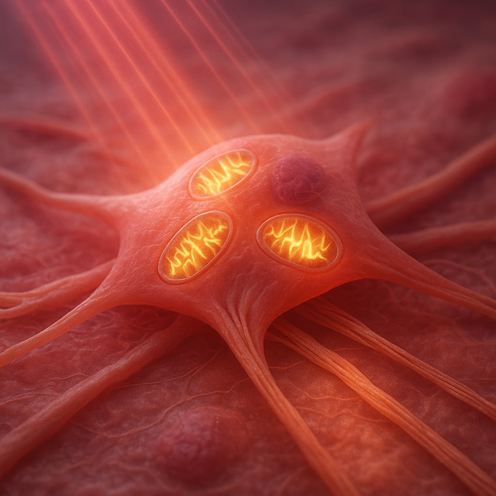 Illustration of a cell being stimulated to promote skin health and collagen production