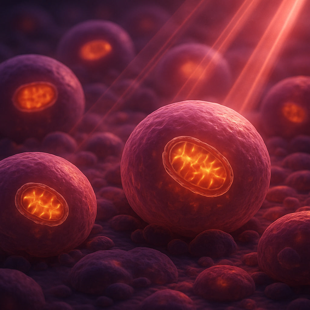Illustration of cells with glowing centers, symbolizing improved cellular health through red light therapy.