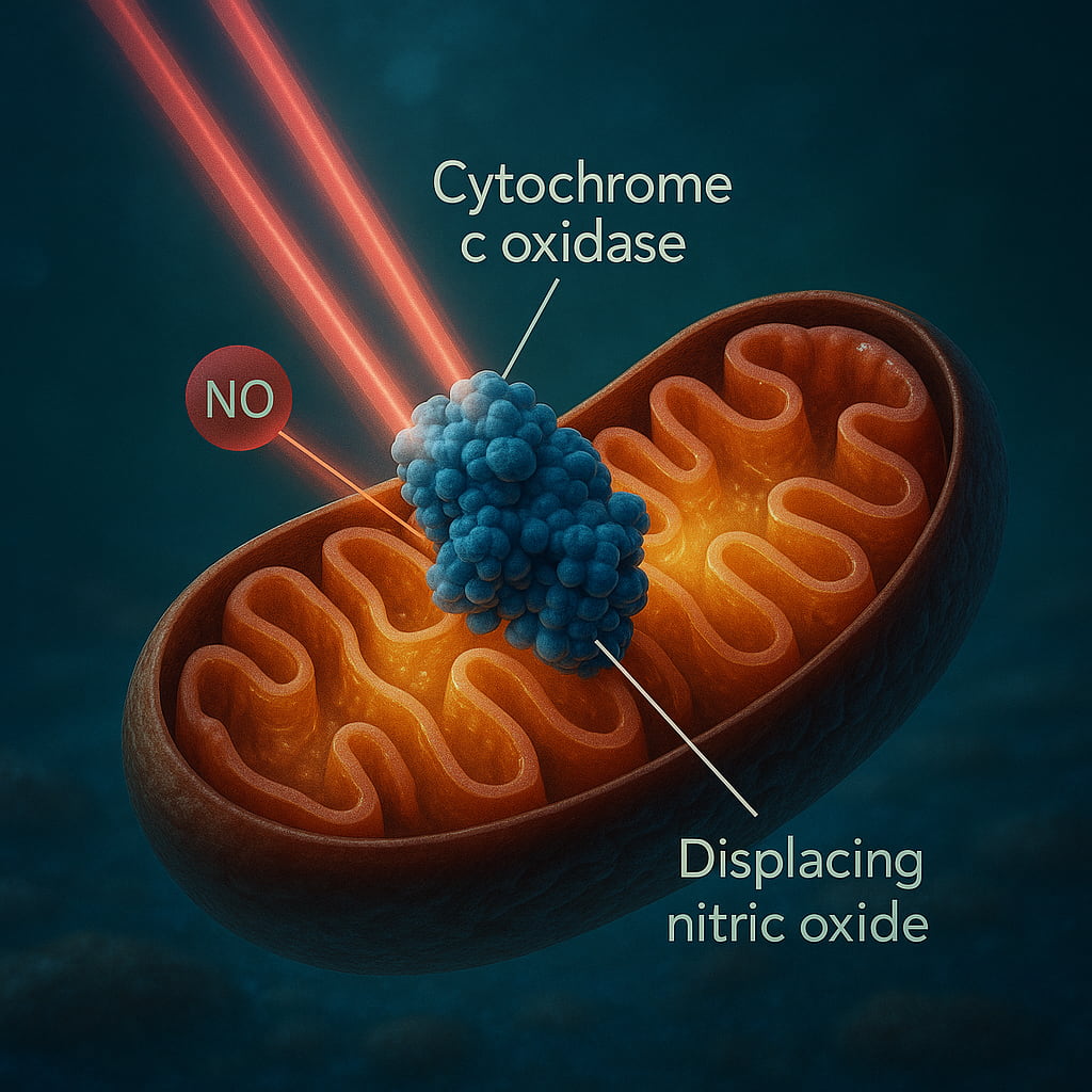 Illustration of cytochrome c oxidase displacing nitric oxide in a mitochondrion.