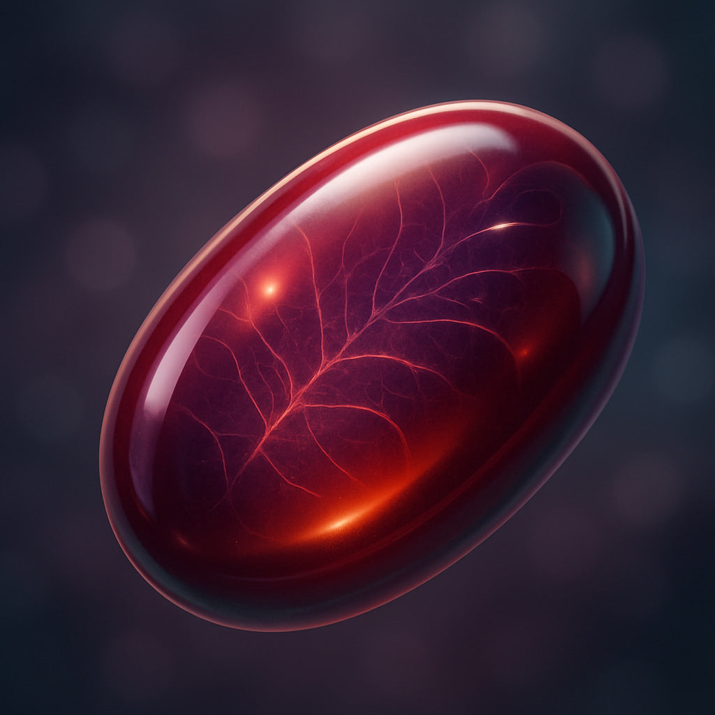 Illustration of a mitochondrion, glowing red, representing cellular transformation through light therapy