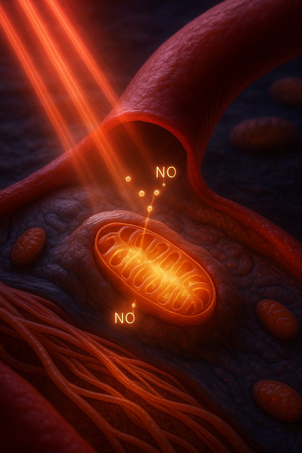 Illustration of a cell with glowing mitochondria and 'NO' molecules, resembling nitric oxide signaling.