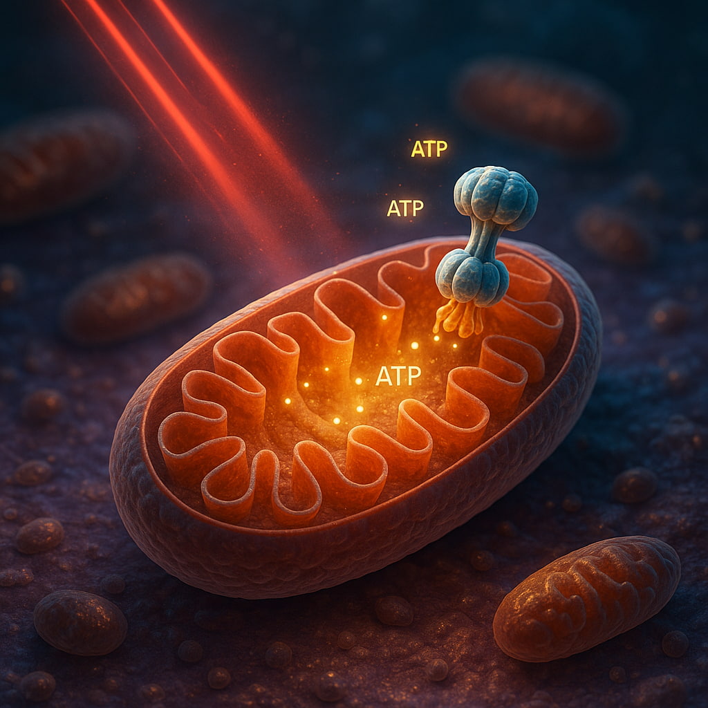 Illustration of a mitochondrion producing ATP, symbolizing increased cellular energy and the benefits of red light therapy for boosting energy levels