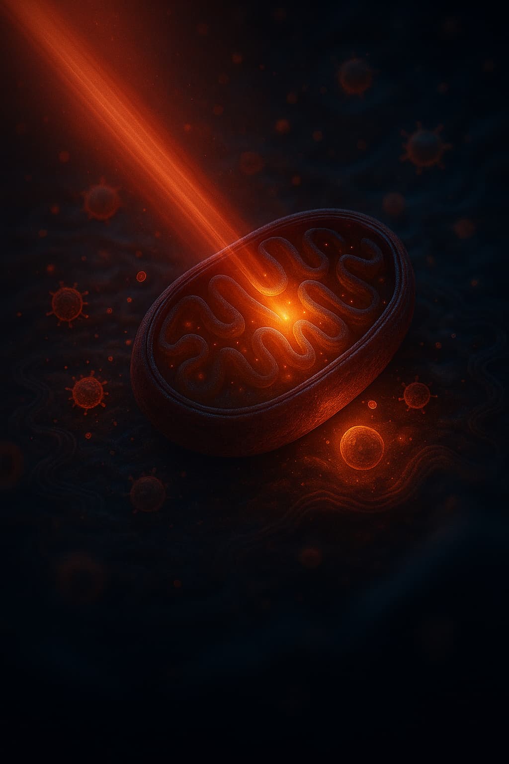 Illustration of a glowing mitochondrion, representing the process of oxidative stress reduction through light therapy