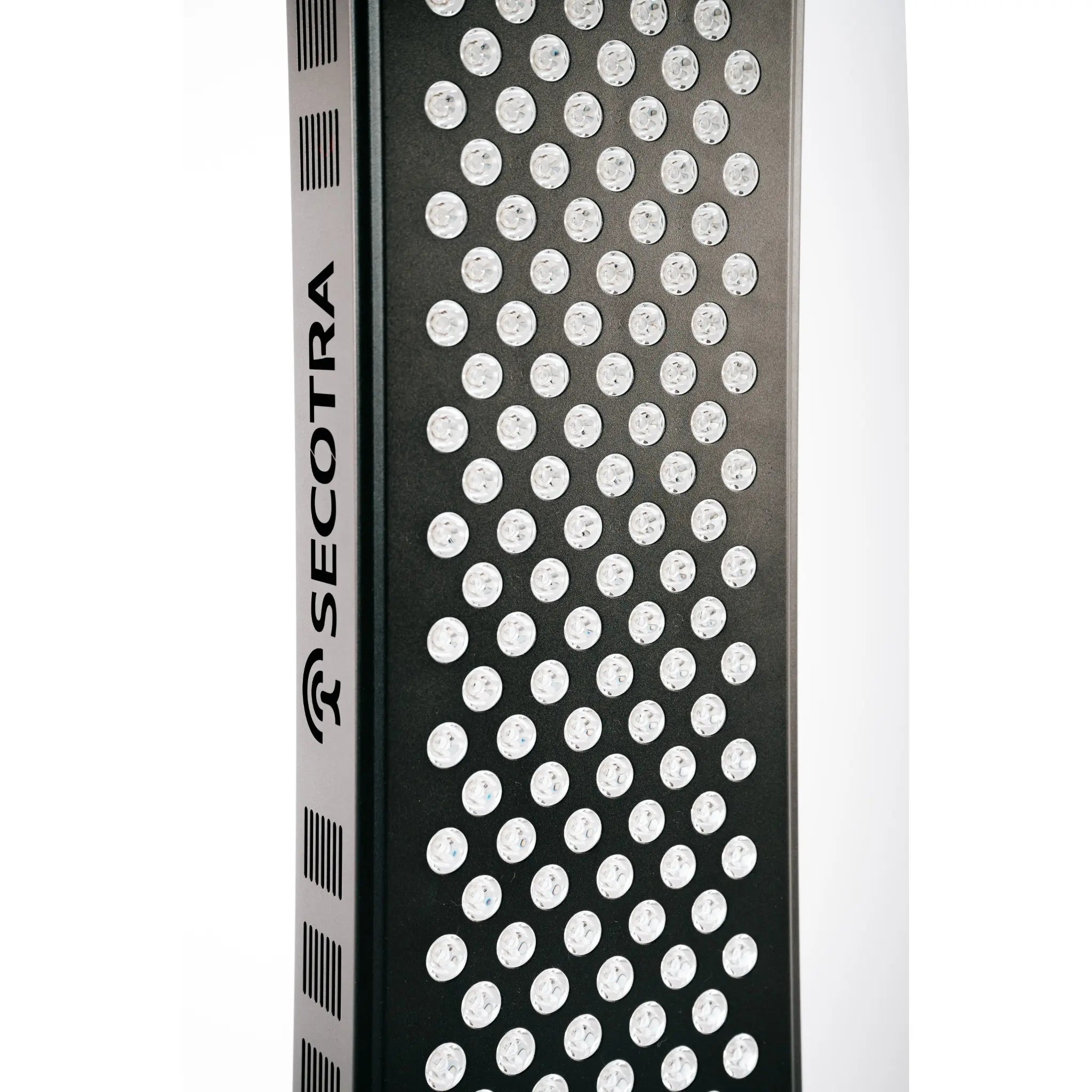 Close-up of Simple 2EQ red light therapy panel showing SECOTRA logo and LED lights.