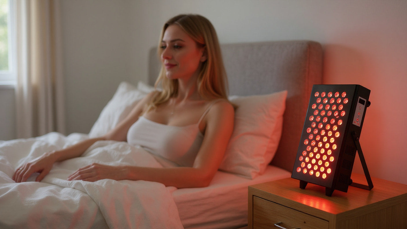 Woman relaxing with red light therapy table top pane