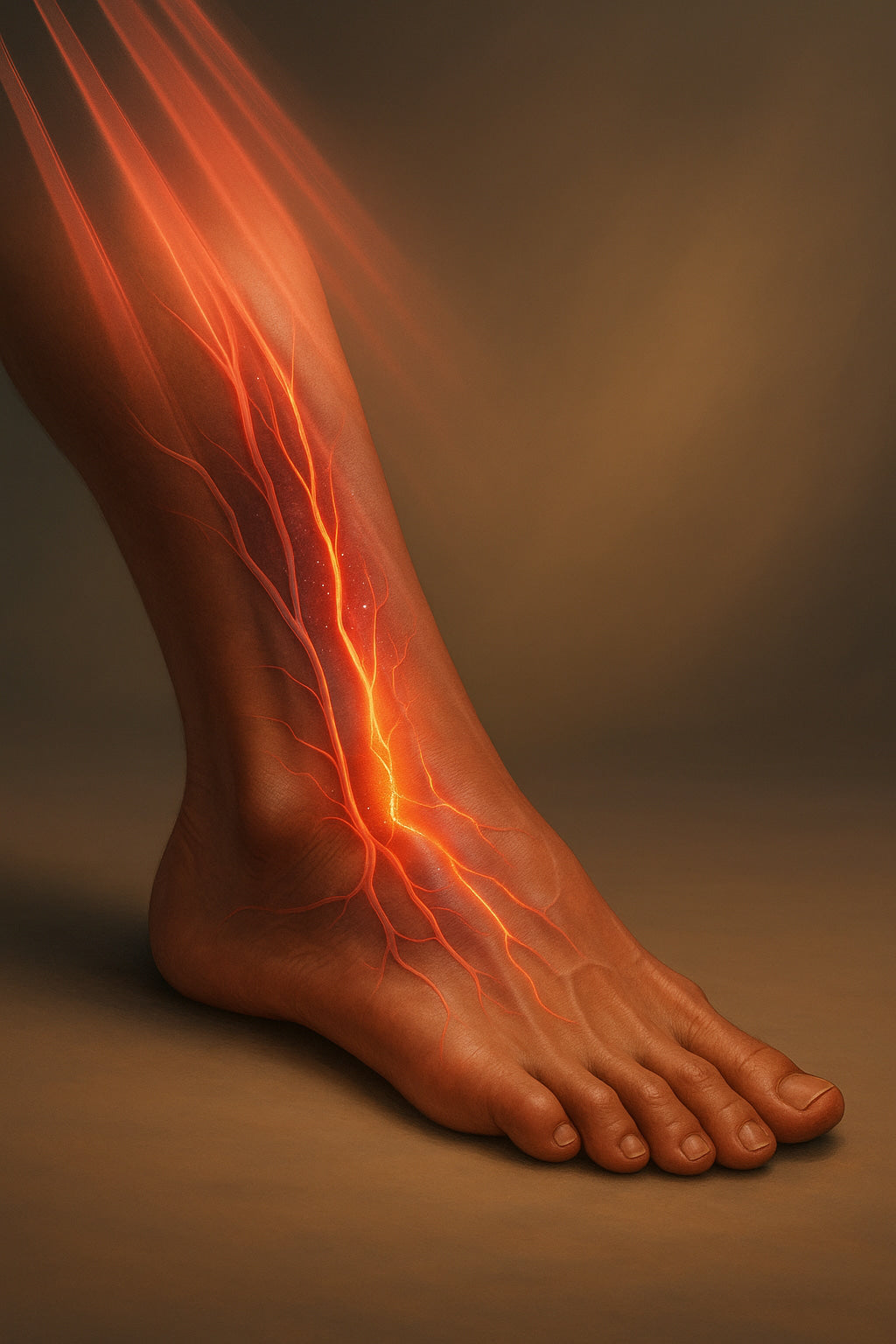 Red light therapy improving circulation in the foot.