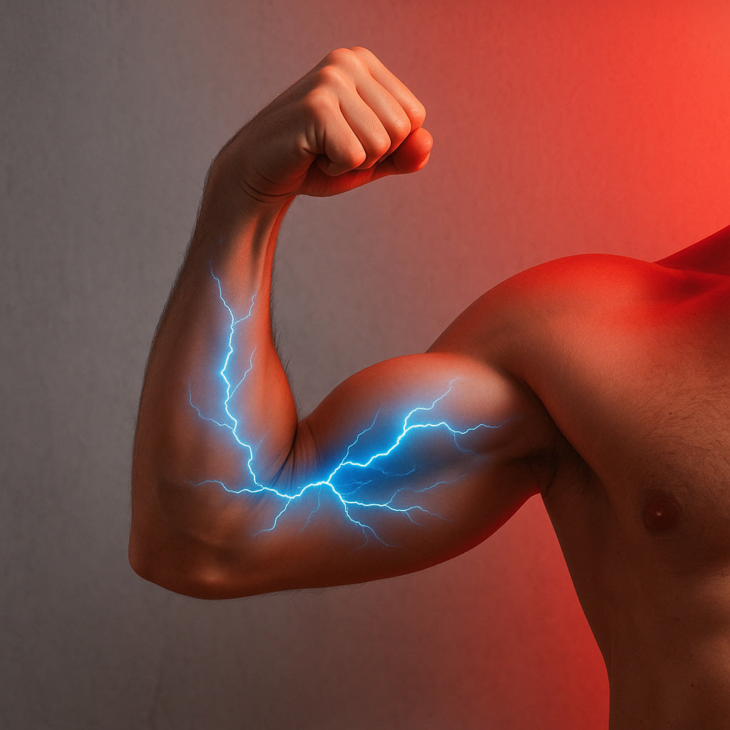 Enhanced workout recovery with red light therapy. muscular arm with red background